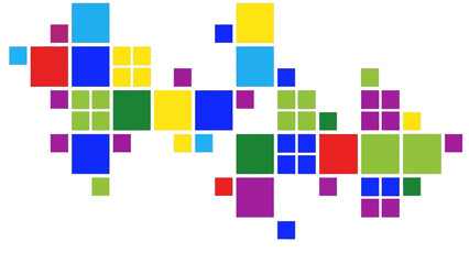 Abstract geometric pattern of colorful squares and rectangles on a white background.