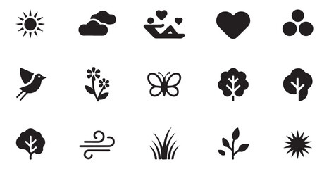 Summer outdoor activity icons set with sun clouds nature elements bird flowers and trees silhouette
