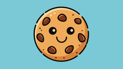 A friendly cartoon chocolate chip cookie smiles happily on a blue background.