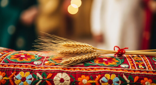 Baisakhi festival celebration concept with wheat ears on Punjabi Phulkari embroidery background.