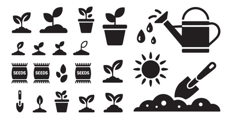 Gardening icons set with plant growth stages seeds watering can shovel sun and pot vector collection
