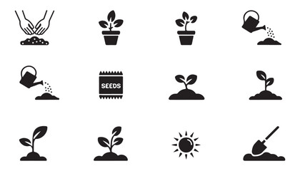 Planting process icons featuring hands seeds watering sprout pot and shovel minimalist vector style © Md