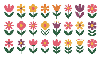 Set of cute spring flowers vector illustration, colorful blooming floral decorative elements