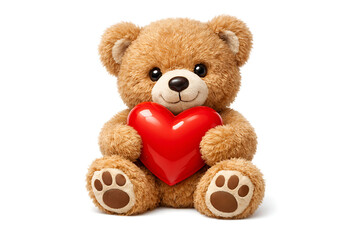 Obraz premium Cute fluffy teddy bear holding a red heart for Valentines Day isolated on white