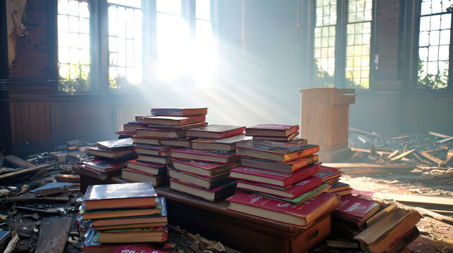 lectern. Dawn light streaming through broken windows into a classroom with new textbooks on the lectern. ESG reports, sustainability campaigns, designed for environmental awareness campaigns.
