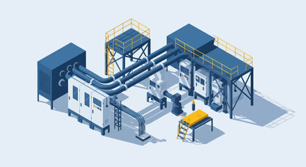 Obraz premium Industrial factory complex with automated machinery and robotic arms.