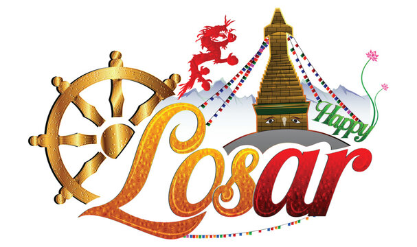 Happy Losar typography poster with Bhutanese dragon and Nepal Boudhanath stupa vector illustration for Tibetan New Year