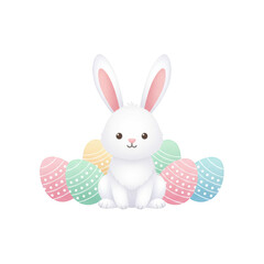 Obraz premium A charming illustration depicts a fluffy white rabbit seated amongst a colorful assortment of decorated easter eggs high quality professional detailed