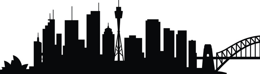 Obraz premium Sydney city skyline silhouette with Opera House, Harbour Bridge and modern skyscrapers, isolated on white background, Australia urban landscape illustration, travel landmark vector design.