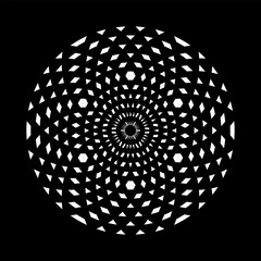Abstract Geometric Radial Circle White Dots Pattern on Black Background. 