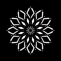 Abstract Radial Geometric Pattern in Flower Shape. Decorative White Design Element on Black Background. 