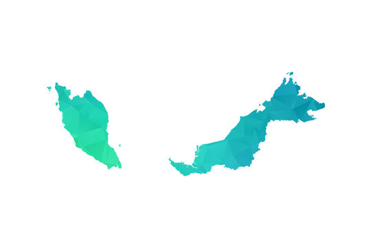 Malaysia Map - Polygon Style Vector Illustration in Green and Blue Gradient, Low Poly Geometric Design, Isolated on White Background, Perfect for Infographics and Learning Use.