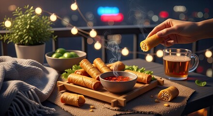 Obraz premium Hand holding crispy spring roll over table with beer and dipping sauce at night