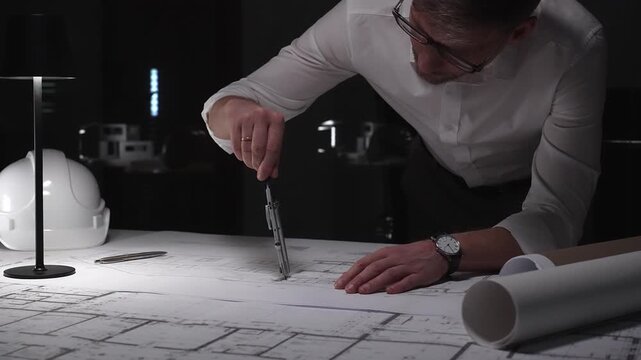 Architect designing building plans at night, working overtime on a new construction project with tools and blueprints.