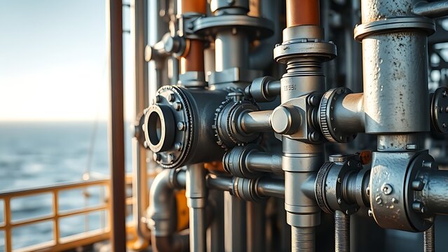 wellhead. Close-up of an industrial wellhead assembly with intricate steel pipes. safety posters, maintenance manuals, designed for precision metalworking and fabrication facilities.