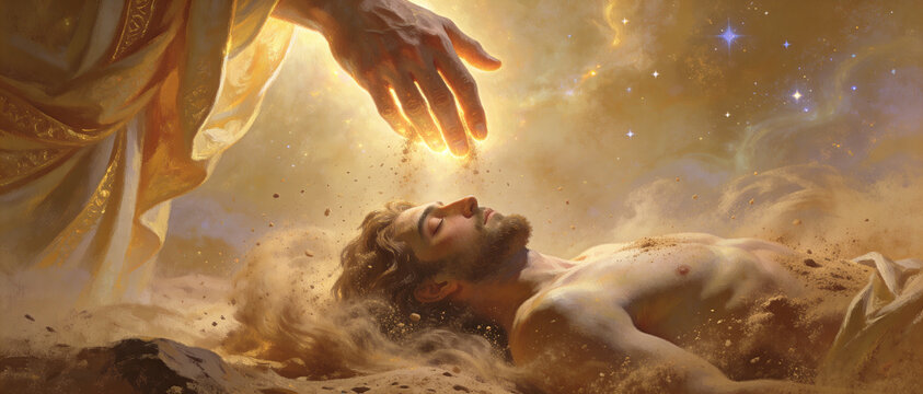 Divine hand creating first man on earth from dust in light. Religious art painting depicting creation story concept.