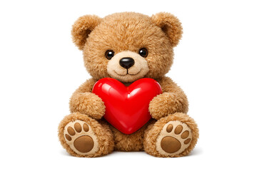 Obraz premium Cute brown teddy bear holding a large red heart for Valentines Day isolated on white