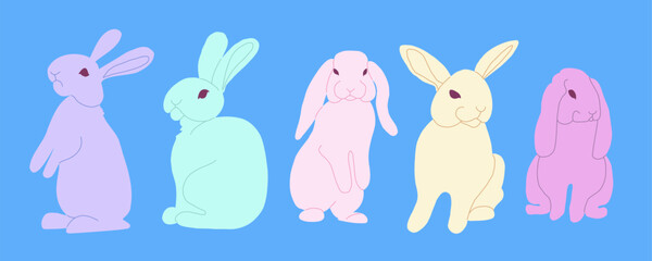 A charming set of stylish Easter rabbits on a soft blue background. Flat design characters perfect for spring greeting cards, festive social media posts, and trendy holiday decor.
