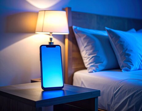 Leuchtendes Smartphone im dunklen Schlafzimmer als Symbol f&uuml;r n&auml;chtliche Bildschirmzeit
