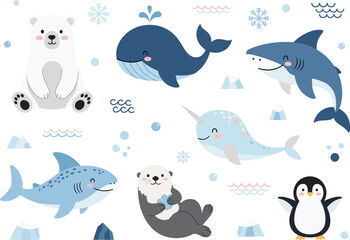 Cute Arctic Animal Vector Set Featuring Kawaii Polar Bear, Whale, Shark, Narwhal, Otter, and Penguin Illustrations for Childrens Books, Nursery Decor, and Stickers © Kulsum