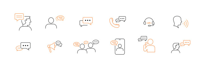 Obraz premium Speaking and Communication Icon Set – Voice Chat, Conversation, Phone Call, Customer Support and Speech Bubble Vector Collection. eps10