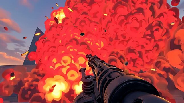 Heavy Action Cartoon Gun Minigun Fire Explosion Battle Scene