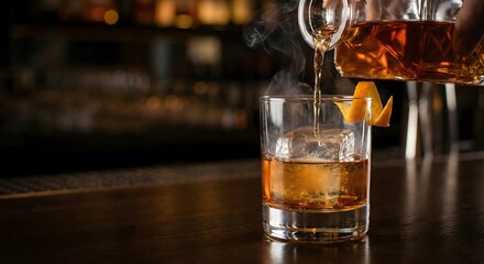 Glass of whiskey on a bar counter with blurred background