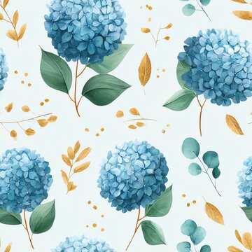 Seamless watercolor pattern of blue hydrangea clusters and eucalyptus leaves with subtle gold line accents