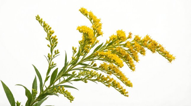 Blooming yellow solidago flower sprig isolated on white background