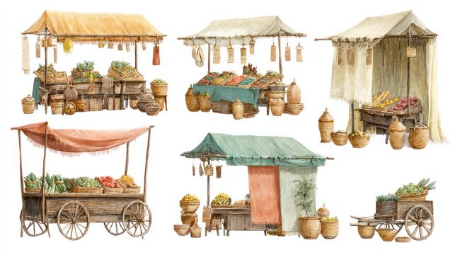 Watercolor illustration of several medieval market stalls laden with produce