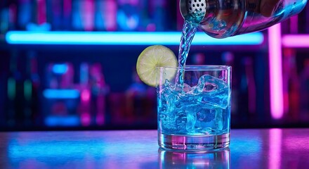 Bartender pouring a blue cocktail in a nightclub bar