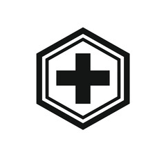 Obraz premium Modern geometric black plus sign icon, elegantly contained within a double-outlined hexagon. This minimalist symbol represents medical health, emergency first aid, safety, protection, and positive gro