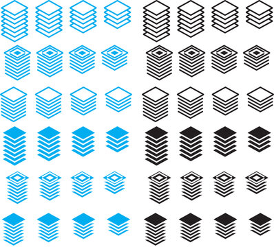 Layers icon set. Logo layers, levels, tiers, sheets icons. Layers icon in black. flat graphic vector icon. Layer layout icon set. 6, 5, 4, 3, layers symbol.  Fabric floor layers symbol absorbent of ma