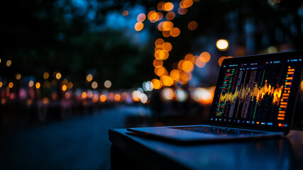 Analyzing Internet Traffic Data on a Laptop Amidst a Busy Urban Night Scene Digital Workspace with Bokeh Lights Informative Visual Content