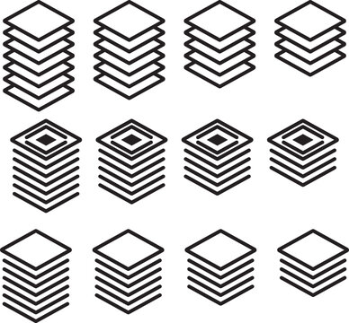 Layers icon set. Logo layers, levels, tiers, sheets icons. Fabric floor layers symbol absorbent of material stack vector. Layer layout icon set. 6, 5, 4, 3, layers symbol.  Fabric floor layers symbol 