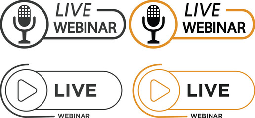 Fototapeta premium Live webinar icon set collection with microphone, play button, camera and broadcast symbols in yellow and black colors isolated on white background vector illustration.