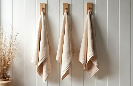 Three plush beige towels hang neatly on wooden hooks against a white paneled wall. A dried grass accent adds a natural touch to this serene bathroom setup, suggesting comfort and clean elegance.