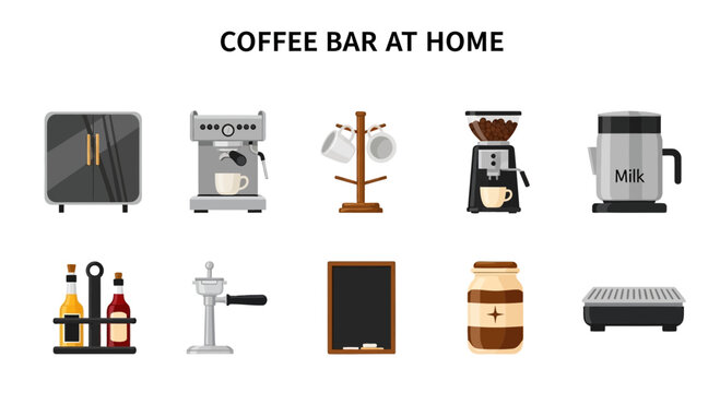Collection of items for a home coffee bar setup illustrated on a white background