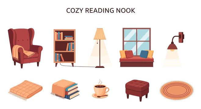 Illustration of furniture and accessories for a cozy reading nook setup