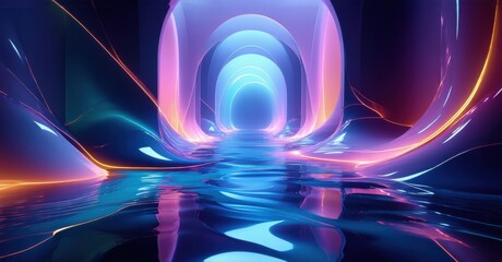 Fototapeta premium Abstract tunnel glows with vibrant blues, pinks, oranges. Reflections create surreal, immersive space. Light defines form.