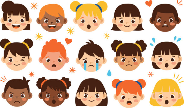 Diverse Children Avatar Faces Vector Set with Various Emotions and Facial Expressions Including Happy, Sad, Angry, and Surprised for Educational and Social Apps