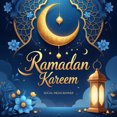Ramadan Kareem with beautiful crescent and lantern social media banner illustration design template