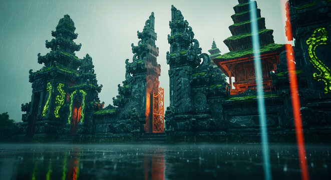 A vision of sustainable future architecture in Bali. The prompt combines traditional temple shapes with futuristic materials, emphasized by rainy weather and cinematic anamorphic lens effects.