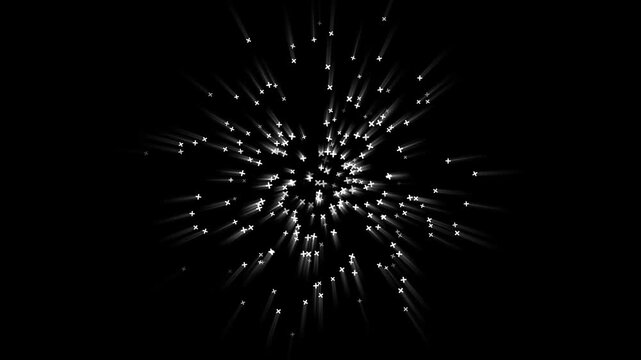 Twinkling star glitter explosion animation with blinking white cartoon sparkles and glowing shine effects over dark black background