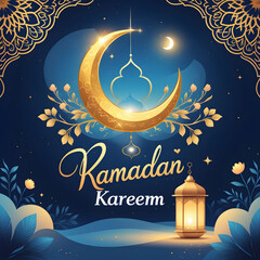 Ramadan Kareem with beautiful crescent and lantern social media banner illustration design template