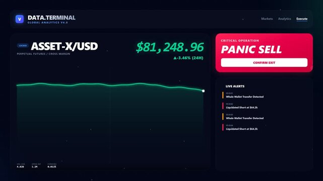 A digital dashboard displays a rapid price crash for a cryptocurrency asset. The graph turns red as the value plummets, featuring a prominent Panic Sell button and live liquidation alerts.