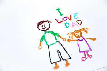 Kid drawing of father and his child for happy father's day theme with I LOVE YOU DAD message. Colorful Crayon drawing kids love father