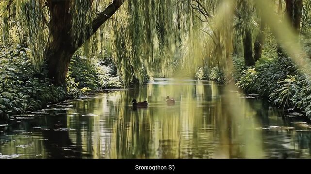 Idyllic natural river scene with lush green weeping willows creating a serene canopy over calm water and swimming ducks