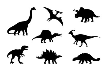Dinosaur silhouette vector set isolated on white background featuring T rex, Triceratops, Stegosaurus, Brachiosaurus and more. Perfect for education, kids design, logo, print and prehistoric themes © Wiwi