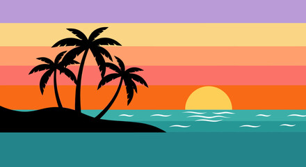 Obraz premium Flat vector illustration of a tropical beach sunset with palm trees silhouettes and colorful striped sky background